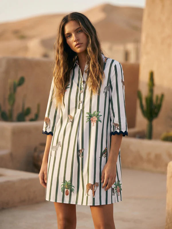 safari shirt dress Green Stripe Print – Farm Basket LLC inspired silhouette features oversized Select Size Pack:Bust 30
